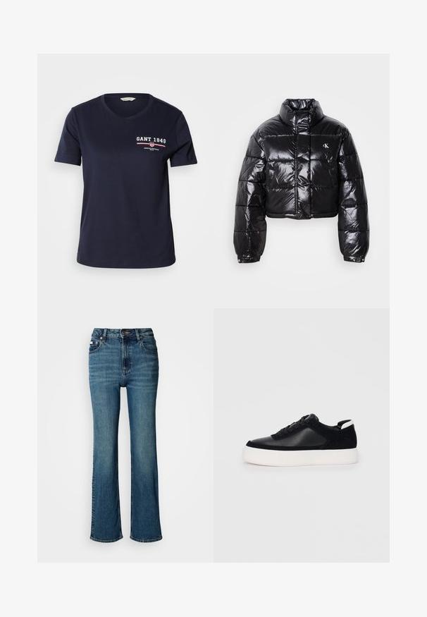 Fekete, fényes felületű, vágott pufi dzseki, magas gallérral, elülső cipzárral és logó részlettel. Tágas ujjakkal és steppelt részekkel rendelkezik.; Sötétkék pamut póló V nyakkal, rövid ujjú, fehér és piros "GANT 1949" logó szöveggel és dizájn kiegészítőkkel a bal mellen.; Magas derekú kék farmernadrág, egyenes szárú dizájnnal, enyhe kopással és normál gombos-zipzáros záródással.; Fekete sportcipő sima bőrből és velúr panelekkel, lapos fűzőkkel, kerek orral és fehér gumi talppal. Megkülönböztető logó a sarkán.