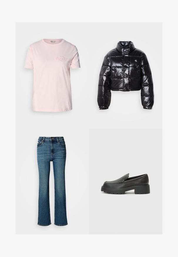 Casaco puffer preto cropped com acabamento brilhante, gola alta, fecho éclair à frente e detalhe de logótipos. Apresenta mangas oversized e secções acolchoadas.; T-shirt rosa claro feito de algodão, com mangas curtas, um decote redondo e um pequeno logótipo bordado no lado esquerdo do peito.; Jeans de cintura alta em denim azul, com um design de perna reta, desbotamento subtil e um fecho padrão com botão e zipper.; Mocassins de couro preto com bico arredondado, sola espessa e texturizada, e detalhes de costura minimalistas. Design elegante sem atacadores ou ferragens visíveis.