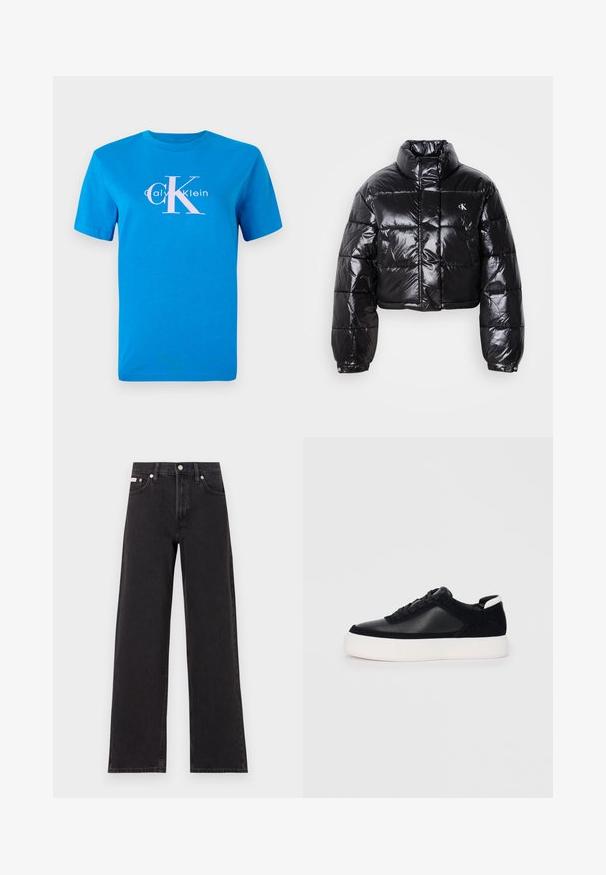 Casaco puffer preto cropped com acabamento brilhante, gola alta, fecho éclair à frente e detalhe de logótipos. Apresenta mangas oversized e secções acolchoadas.; T-shirt de algodão azul com mangas curtas, apresentando um logótipo branco da Calvin Klein e um grande gráfico em rosa "CK" centrado na parte da frente.; Jeans de perna larga pretos feitos de denim, apresentando uma cintura alta, estilo de cinco bolsos e um fecho em botão de metal com costura contrastante.; Sapatilha preta com painéis de pele lisa e camurça, atacadores planos, bico arredondado e sola de borracha branca. Logótipo distinto no calcanhar.