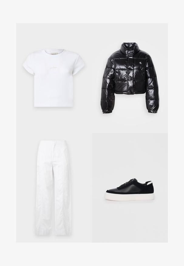 Zkrátená čierna prešívaná bunda s lesklým povrchom, vysokým golierom, predným zipsom a detailom loga. Obsahuje nadrozšírené rukávy a prešívané časti.; Biela bavlnená tričko s krátkymi rukávmi, na prednej strane s jemným zlatým logom "Calvin Klein" a okrúhlym výstrihom.; Biele široké nohavice z ľahkej látky, s hladkou textúrou, čistými líniami a vysokým pásom.; Čierne tenisky s hladkou kožou a semišovými panelmi, plochými šnúrkami, zaoblenou špičkou a bielou gumovou podrážkou. Výrazné logo na päte.