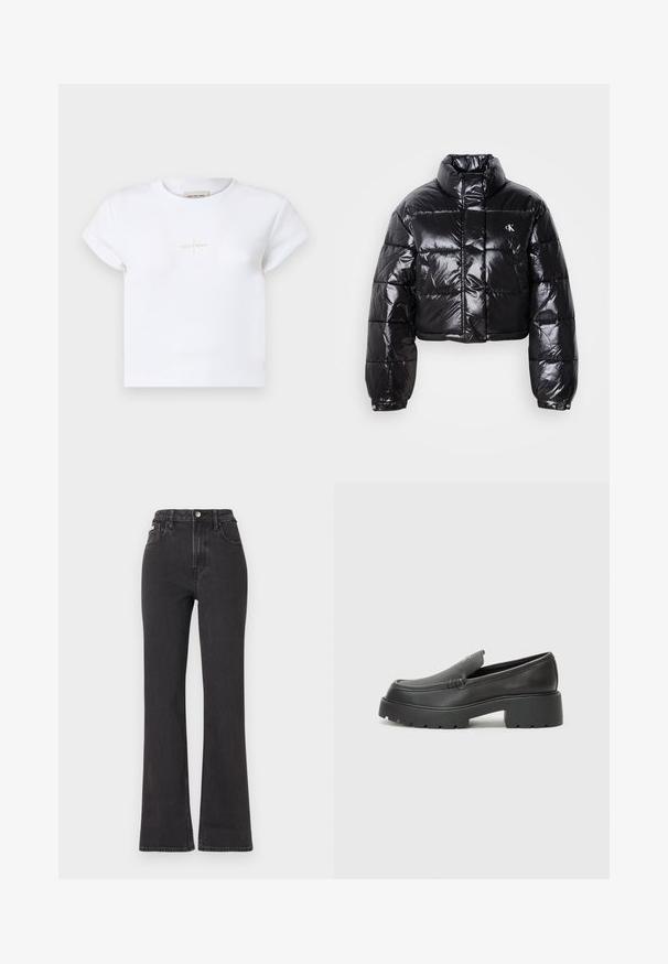 Skrajšana črna pufasta jakna z sijajno površino, visokim ovratnikom, sprednjim zadrgo in detajlom logotipa. Ima prevelike rokave in kviltane dele.; Bela bombažna majica s kratkimi rokavi, z diskretnim zlatim logotipom "Calvin Klein" na sprednji strani in zaobljenim izrezom.; Črne kavbojke s visokim pasom in razširjenimi hlačnicami, narejene iz denima, z gumbom za zapiranje, zankami za pas in stranskimi žepi. Gladka tekstura z minimalnim bledenjem.; Črne usnjene loafers čevlje z zaobljenim nosom, debelim teksturiranim podplatom in minimalnimi šivi. Elegantna zasnova brez vidnih vezalk ali kovinskih delov.