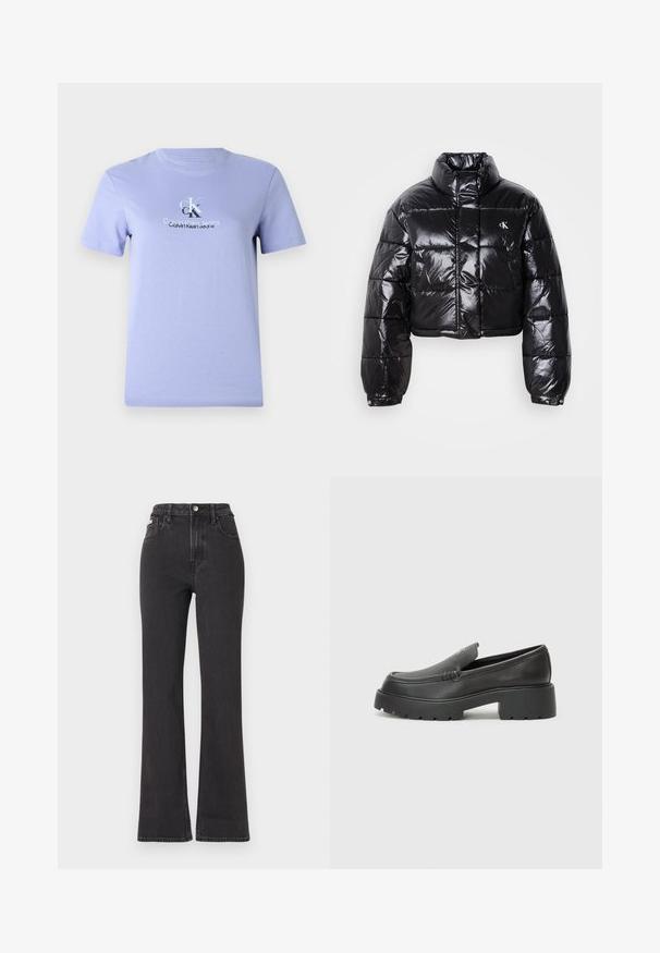 Trumpas juodas pūkinis paltas su blizgiu paviršiumi, aukšta apykakle, priekiniais užtrauktukais ir logotipo detalėmis. Yra plačios rankovės ir siuvinėtos dalys.; Violetinės spalvos medvilnės marškiniai su apvalia kaklo iškirpte, trumpomis rankovėmis ir centrinėmis sidabrinėmis logotipo spaudomis. Lygus audinys, klasikinis siluetas.; Juodi aukštu liemeniu platėjantys džinsai, pagaminti iš džinsinio audinio, su mygtuko uždarymu, diržo kilpomis ir šoninėmis kišenėmis. Lygus paviršius su minimaliais išblukimais.; Juodi odiniai loaferiai su apvaliu pirštu, storu tekstūruotu padu ir minimaliu siūlių dekoru. Išskirtinis dizainas be matomų raištelių ar furnitūros.