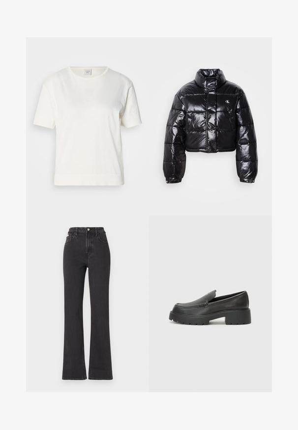 Geknipt zwart pufferjack met glanzende afwerking, hoge kraag, ritssluiting aan de voorkant en logodetail. Beschikt over oversized mouwen en gestikte delen.; Witte katoenen T-shirt met korte mouwen, een ronde halslijn en een iets losse pasvorm. De stof heeft een gladde, zachte textuur.; Zwarte hoge taille flared jeans van denim, met een knoopsluiting, riemlussen en zijzakken. Gladde textuur met minimale vervaging.; Zwarte leren instappers met een ronde neus, dikke getextureerde zool en minimale stikseldetails. Strak ontwerp zonder zichtbare veters of hardware.