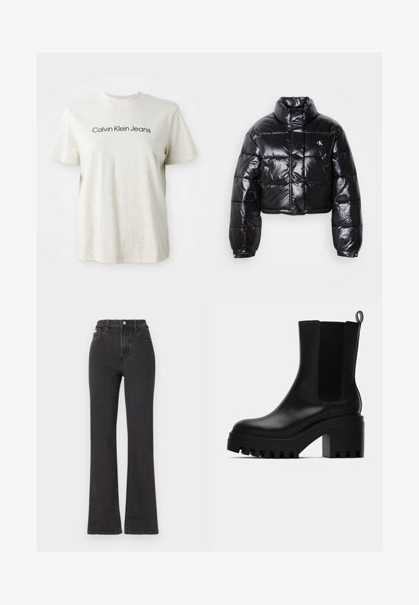 Trumpas juodas pūkinis paltas su blizgiu paviršiumi, aukšta apykakle, priekiniais užtrauktukais ir logotipo detalėmis. Yra plačios rankovės ir siuvinėtos dalys.; Šviesiai pilkas trumpas rankovės marškinėliai su juodai atspausdintu užrašu "Calvin Klein Jeans" centre ant krūtinės.; Juodi aukštu liemeniu platėjantys džinsai, pagaminti iš džinsinio audinio, su mygtuko uždarymu, diržo kilpomis ir šoninėmis kišenėmis. Lygus paviršius su minimaliais išblukimais.; Juodi odiniai kulkšniniai batai su apvaliu nosiu, masyviu platformos padu ir tinklelio šoninėmis detalėmis. Yra traukimo kilpa, skirta patogiam užsidėjimui.