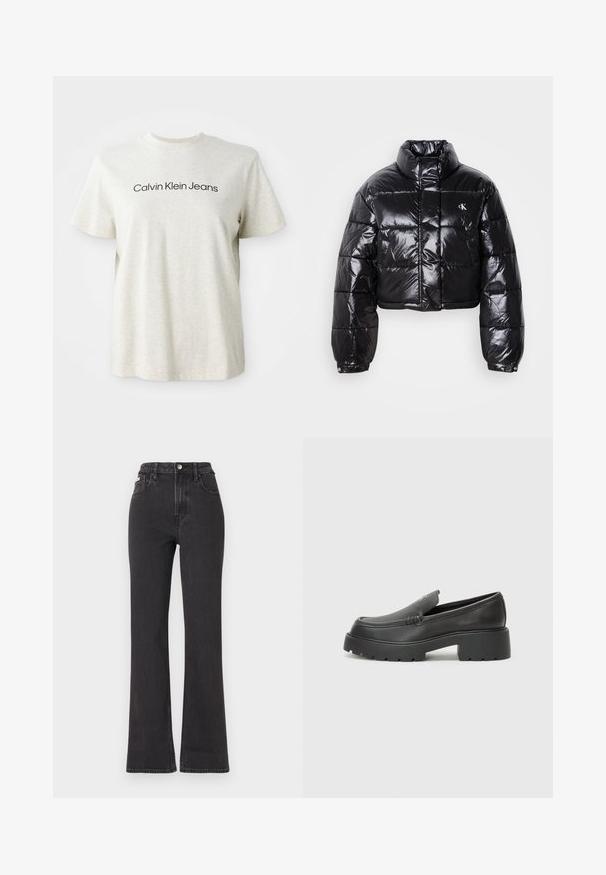Kuttet svart dunjakke med glatt finish, høy krage, frontlås og logo-detalj. Den har overdimensjonerte ermer og quiltede seksjoner.; Lys grå T-skjorte med kort arm og "Calvin Klein Jeans" skrevet i svart på brystet.; Svarte høyt midje, utsvingte jeans laget av denim, med knappelukking, beltehemper og sidelommer. Glatt tekstur med minimal falming.; Sorte skinnloafers med rund tå, tykk teksturert såle og minimale sømdetaljer. Strømlinjeformet design uten synlige snørebånd eller hardvarer.