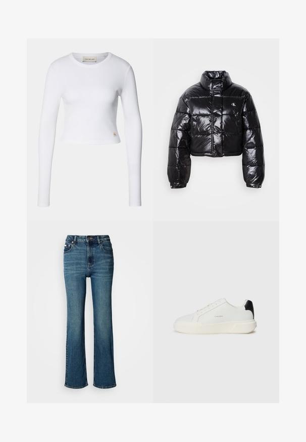 Skraćena crna jakna od puf materijala sa sjajnom završnom obradom, visokim ovratnikom, prednjim patentnim zatvaračem i detaljem s logotipom. Ima ogroman rukav i kviltane dijelove.; Bijela dugoslojna crop majica od rebrastog materijala. Ima okrugli izrez i mali logotip na donjoj lijevoj strani.; Traperice viskog struka u plavoj boji, s ravnim nogavicama, blagim izbljeđivanjem, te standardnim dugmetom i zatvaračem.; Bijeli tenisici s glatkom kožnom gornjom vrstom, okruglim vrhom, vezanjem i kontrastnim crnim akcentom na peti. Imaju teksturirani gumeni potplat.