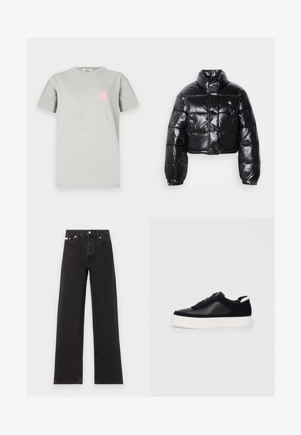 Zkrácená černá péřová bunda s lesklým povrchem, vysokým límcem, předním zipem a logem. Má široké rukávy a prošívané části.; Šedé bavlněné tričko s kulatým výstřihem, krátkými rukávy a růžovou grafikou oblouku se slunečními paprsky na levé části hrudníku.; Černé široké jeansy vyrobené z denimu, s vysokým pasem, pěti kapsami a kovovým zapínáním s kontrastním prošíváním.; Černé sneakersy s hladkou kůží a semišovými panely, plochými šňůrkami, zaoblenou špičkou a bílou gumovou podrážkou. Výrazné logo na patě.