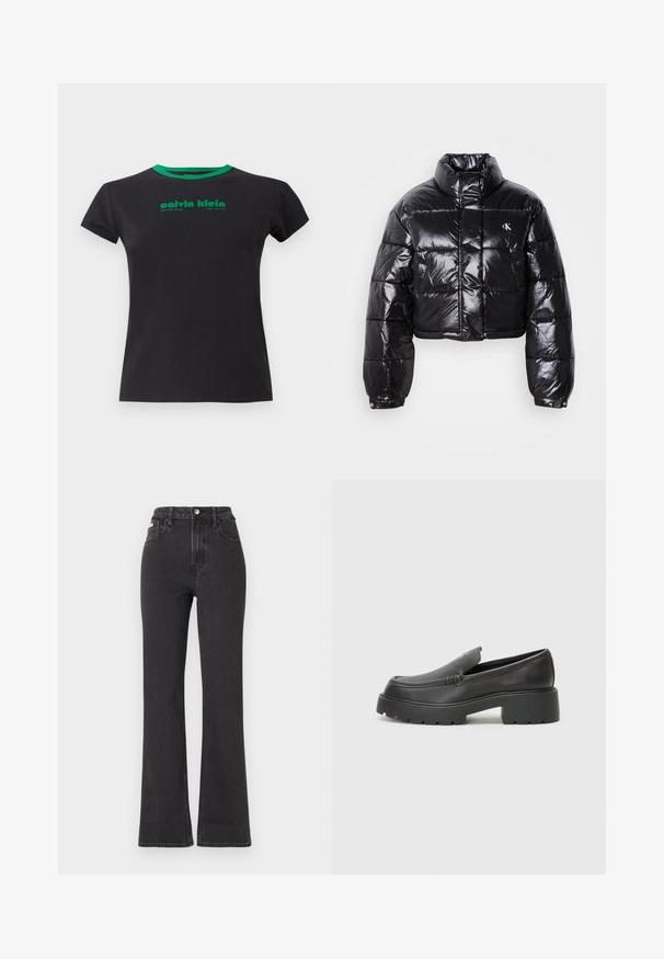 Kuttet svart dunjakke med glatt finish, høy krage, frontlås og logo-detalj. Den har overdimensjonerte ermer og quiltede seksjoner.; Svart bomull T-skjorte med korte ermer og en rund grønn halskant. Har grønntrykt tekst: "calvin klein, West 29th Street, New York City."; Svarte høyt midje, utsvingte jeans laget av denim, med knappelukking, beltehemper og sidelommer. Glatt tekstur med minimal falming.; Sorte skinnloafers med rund tå, tykk teksturert såle og minimale sømdetaljer. Strømlinjeformet design uten synlige snørebånd eller hardvarer.