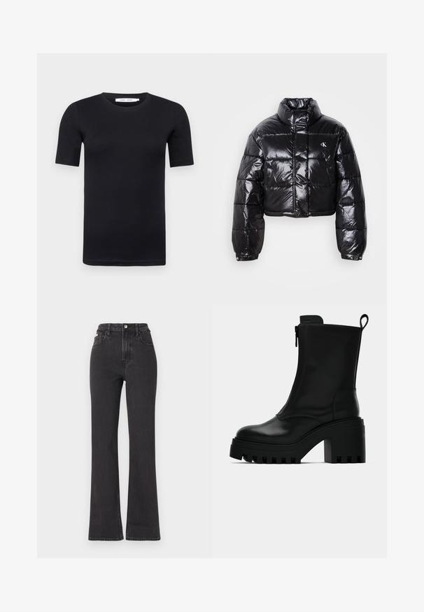 Giacca a vento nera cropped con finitura lucida, colletto alto, zip frontale e dettaglio con logo. Presenta maniche oversized e sezioni trapuntate.; T-shirt nero a maniche corte realizzato in morbido cotone. Presenta un collo a giro e un design semplice e senza cuciture.; Jeans neri a vita alta e a zampa d'elefante in denim, con chiusura a bottoni, passanti per cintura e tasche laterali. Texture liscia con minimal fading.; Stivale alla caviglia in pelle nera con suola a tassello spessa, tacco a blocco, zip laterale e linguetta sul retro su sfondo bianco neutro.