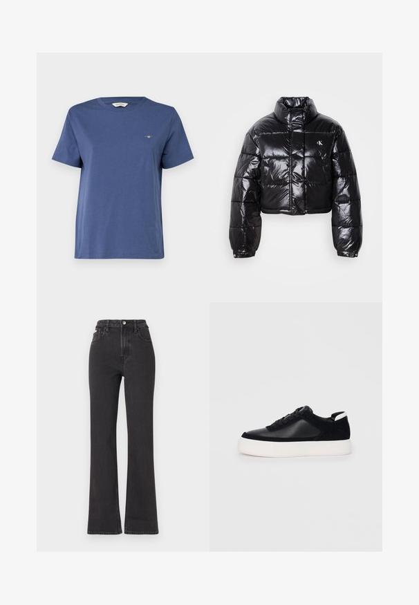 Zkrácená černá péřová bunda s lesklým povrchem, vysokým límcem, předním zipem a logem. Má široké rukávy a prošívané části.; GANT PRINTED ARCHIVE SHIELD - Jednoduché tričko - dusty navy; Černé vysoké rozšířené džíny z denimu, se zapínáním na knoflík, poutky na opasek a bočními kapsami. Hladká textura s minimálním vyblednutím.; Černé sneakersy s hladkou kůží a semišovými panely, plochými šňůrkami, zaoblenou špičkou a bílou gumovou podrážkou. Výrazné logo na patě.