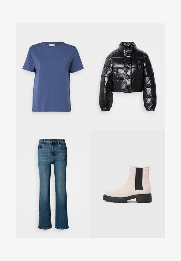 Skraćena crna jakna od puf materijala sa sjajnom završnom obradom, visokim ovratnikom, prednjim patentnim zatvaračem i detaljem s logotipom. Ima ogroman rukav i kviltane dijelove.; GANT PRINTED ARCHIVE SHIELD - Osnovna majica kratkih rukava - dusty navy; Traperice viskog struka u plavoj boji, s ravnim nogavicama, blagim izbljeđivanjem, te standardnim dugmetom i zatvaračem.; Bež nubuk Chelsea čizme s crnim elastičnim bočnim panelom, debelim crnim đonom i trakicama za povlačenje na članku.