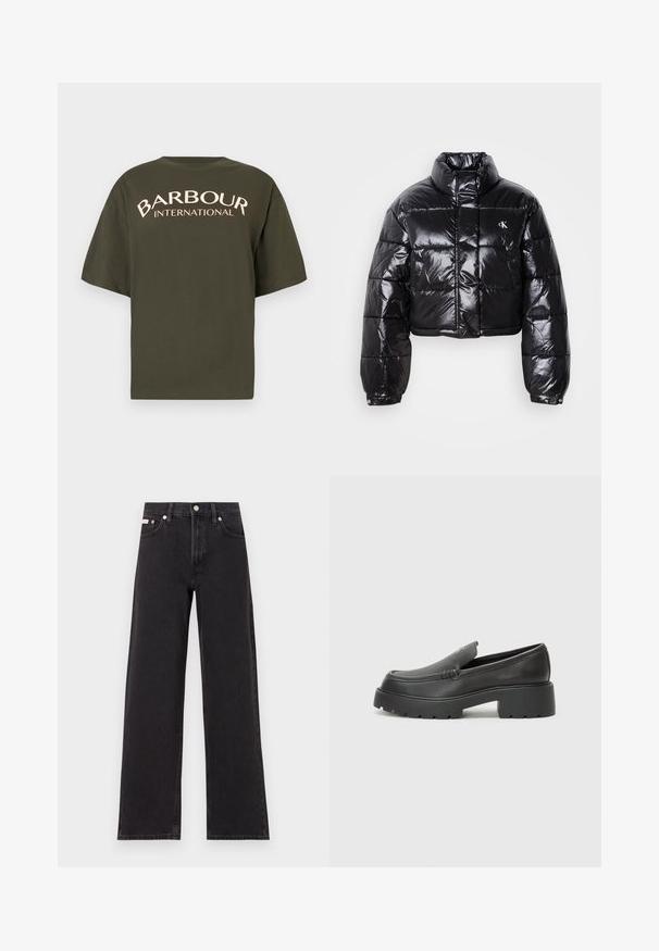 Fekete, fényes felületű, vágott pufi dzseki, magas gallérral, elülső cipzárral és logó részlettel. Tágas ujjakkal és steppelt részekkel rendelkezik.; Olíva zöld, oversize pamut póló, amelynek hátsó részén krémszínű "BARBOUR INTERNATIONAL" grafika található, rövid ujjú és kerek nyakkivágású.; Fekete, bőszárú farmernadrág, magas derekú, öt zsebes kialakítással és fém gombos záródással, kontrasztos varrással.; Fekete bőr loafer cipők kerek orral, vastag, texturált talppal és minimális varrási részletekkel. Áramvonalas dizájn, látható fűzők vagy fém részek nélkül.