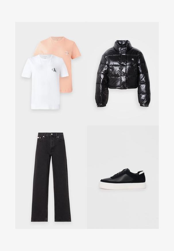 Cropped black puffer jacket with glossy finish, high collar, front zipper, and logo detail. Features oversized sleeves and quilted sections.; Two short-sleeve T-shirts: one white with a black CK logo, one light peach with a smaller CK logo, both made of soft cotton.; Black wide-leg jeans made of denim, featuring a high-rise waist, five-pocket styling, and a metal button closure with contrasting stitching.; Black sneaker with smooth leather and suede panels, flat laces, rounded toe, and a white rubber sole. Distinct logo on the heel.