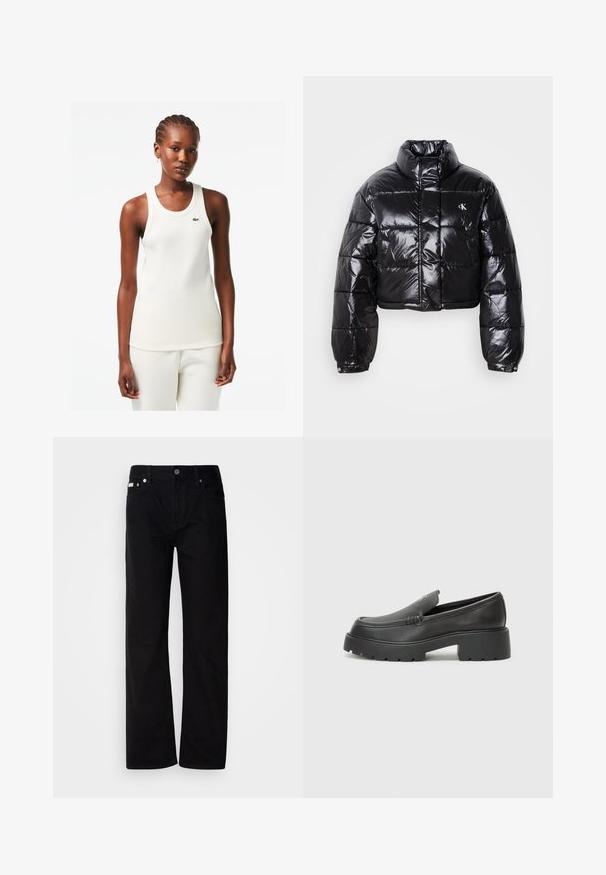 Giacca a vento nera cropped con finitura lucida, colletto alto, zip frontale e dettaglio con logo. Presenta maniche oversized e sezioni trapuntate.; Top nero a righe bianche con scollo rotondo e logo verde Lacoste sul petto, abbinato a pantaloni bianchi coordinati.; Pantaloni in denim nero a gamba dritta con cinque tasche, rivetti argentati e chiusura con bottone. Il tessuto ha una finitura liscia e leggermente testurizzata.; Mocassini in pelle nera con punta arrotondata, suola spessa e testurizzata, e minime cuciture. Design elegante senza lacci o parti metalliche visibili.
