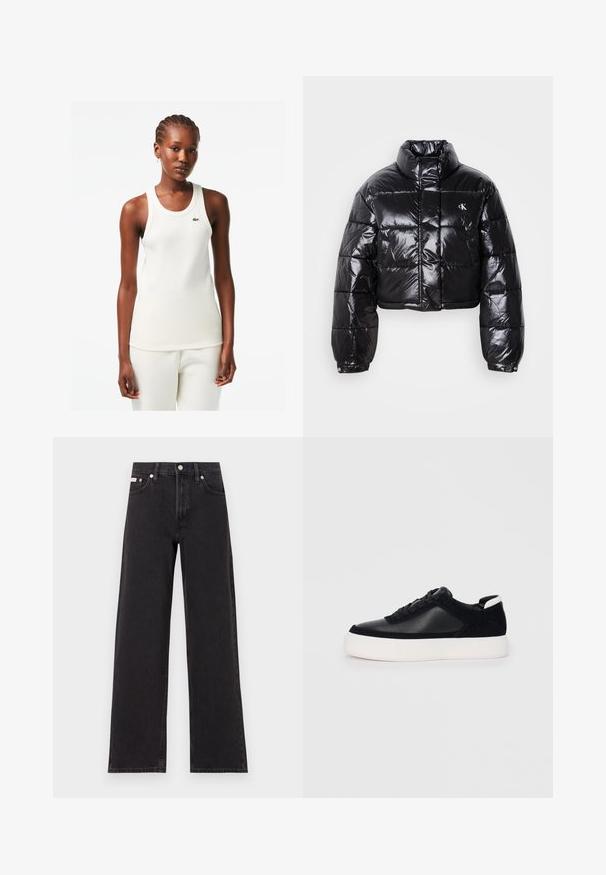 Izgriezta melna pūkainā jaka ar spīdīgu apdari, augstu apkakli, priekšējiem rāvējslēdzējiem un logotipa detaļām. Iezīmējas ar pārspīlētiem piedurknēm un quilted sekcijām.; Balta ribota topi ar apaļu kaklu un zaļu Lacoste logotipu uz krūtīm, kombinēta ar atbilstošām baltām biksēm.; Melni platmalu džinsi, kas izgatavoti no denima, ar augstu vidukli, piecu kabatu dizainu un metāla pogas aizdari ar kontrastējošu šuvumu.; Melnas sporta kurpes ar gludu ādu un zamša paneļiem, plakaniem šņorēm, noapaļotu pirkstu daļu un baltu gumijas zolīti. Izteikts logo uz papēža.