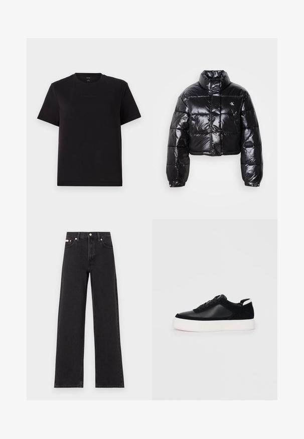 Casaco puffer preto cropped com acabamento brilhante, gola alta, fecho éclair à frente e detalhe de logótipos. Apresenta mangas oversized e secções acolchoadas.; T-shirt de algodão preto com mangas curtas, decote redondo e logo subtil da Calvin Klein bordado no peito. Textura suave, corte descontraído.; Jeans de perna larga pretos feitos de denim, apresentando uma cintura alta, estilo de cinco bolsos e um fecho em botão de metal com costura contrastante.; Sapatilha preta com painéis de pele lisa e camurça, atacadores planos, bico arredondado e sola de borracha branca. Logótipo distinto no calcanhar.