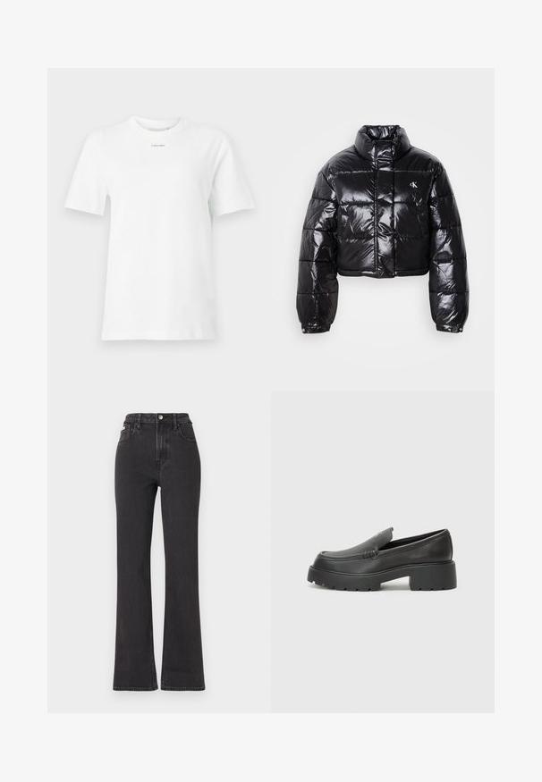 Izgriezta melna pūkainā jaka ar spīdīgu apdari, augstu apkakli, priekšējiem rāvējslēdzējiem un logotipa detaļām. Iezīmējas ar pārspīlētiem piedurknēm un quilted sekcijām.; Balta kokvilnas T-krekls ar apaļu apkakli, īsām piedurknēm un mazu melnu "Calvin Klein" logotipu uz krūtīm. Vienkāršs dizains, bez rakstiem.; Melnas augstā jostasvietā plati izgrieztas džinsus no denima, ar pogu aizdari, jostas cilpām un sānu kabatām. Gluda tekstūra ar minimālu izbalēšanu.; Melnas ādas mokasīni ar noapaļotu purngalu, biezs teksturēts zoles un minimālas dūriena detaļas. Gluds dizains bez redzamām auklām vai metāla elementiem.