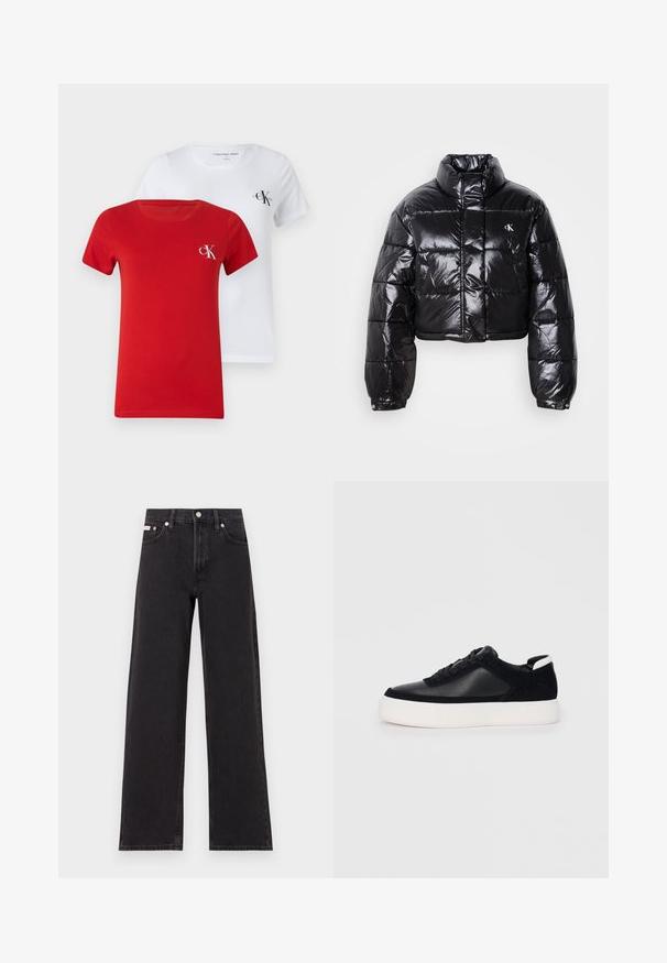 Cropped black puffer jacket with glossy finish, high collar, front zipper, and logo detail. Features oversized sleeves and quilted sections.; Two crew neck T-shirts, one red and one white, made of smooth cotton. Each features a small CK logo in a contrasting color on the chest.; Black wide-leg jeans made of denim, featuring a high-rise waist, five-pocket styling, and a metal button closure with contrasting stitching.; Black sneaker with smooth leather and suede panels, flat laces, rounded toe, and a white rubber sole. Distinct logo on the heel.