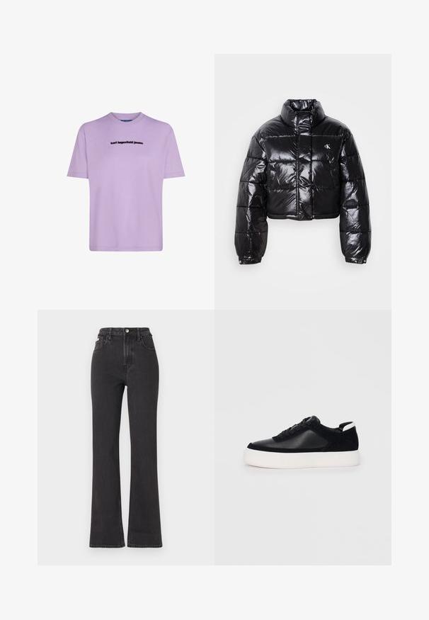 Trumpas juodas pūkinis paltas su blizgiu paviršiumi, aukšta apykakle, priekiniais užtrauktukais ir logotipo detalėmis. Yra plačios rankovės ir siuvinėtos dalys.; Lazdynų spalvos medvilninė marškinė, kelnės trumpomis rankovėmis, apvaliu kaklu ir juodu "Karl Lagerfeld Jeans" logotipu per krūtinę.; Juodi aukštu liemeniu platėjantys džinsai, pagaminti iš džinsinio audinio, su mygtuko uždarymu, diržo kilpomis ir šoninėmis kišenėmis. Lygus paviršius su minimaliais išblukimais.; Juodi sportbačiai su lygiu oda ir zomšinėmis detalėmis, plokščiomis raišteliais, apvaliu walko ir balta guma iš baze. Išskirtinė logotipas ant kulno.