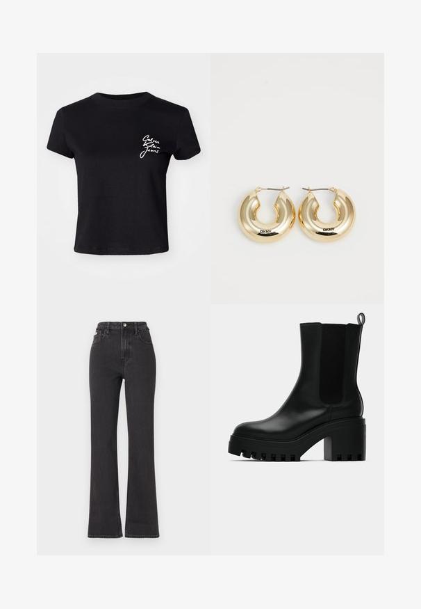 Geknipt zwart pufferjack met glanzende afwerking, hoge kraag, ritssluiting aan de voorkant en logodetail. Beschikt over oversized mouwen en gestikte delen.; Zwarte katoenen t-shirt met korte mouwen, voorzien van een witte logo-tekst "Calvin Klein Jeans" op de linkerborst. Ronde halslijn, casual pasvorm.; Zwarte hoge taille flared jeans van denim, met een knoopsluiting, riemlussen en zijzakken. Gladde textuur met minimale vervaging.; Zwarte lederen enkelboot met ronde neus, chunky plateauzool en mesh zijaccenten. Voorzien van een trekband voor gemakkelijk aan- en uittrekken.; Gouden oorringen met een gladde, ronde vorm en een glanzende afwerking, voorzien van een sluiting voor bevestiging. Gegraveerd met "DKNY."