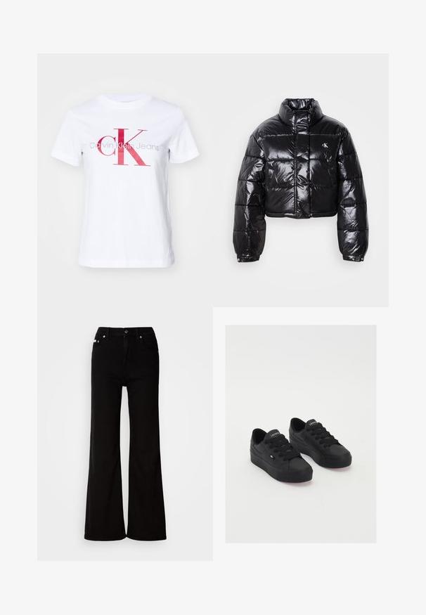 Zkrácená černá péřová bunda s lesklým povrchem, vysokým límcem, předním zipem a logem. Má široké rukávy a prošívané části.; Bílý bavlněný tričko s velkým červeným a šedým logem "CK" a textem "Calvin Klein Jeans" pod ním, krátké rukávy a kulatý výstřih.; Černé džíny s rozšířenými nohavicemi a vysokým pasem, s předním zipem a knoflíkovým zapínáním, bočními kapsami a decentními kovovými detaily.; Černé nízké tenisky vyrobené z hladkého materiálu, s tlustými tkaničkami, texturovanou podrážkou a malým logem po straně a na jazyku.