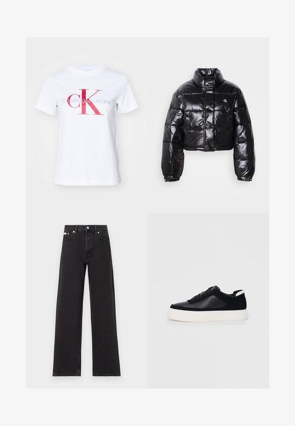 Kort sort vinterjakke med blank finish, høj krave, lynlås foran og logo detalje. Har oversized ærmer og quiltede sektioner.; Hvid bomulds t-shirt med et stort rødt og gråt "CK" logo med teksten "Calvin Klein Jeans" under. Kortærmet og med rund halsudskæring.; Sorte vidde jeans lavet af denim, med høj talje, fem-lomme stil og en metalknap lukning med kontrasterende syninger.; Sort sneakers med glat læder og ruskindspaneler, flade snørebånd, rund tå og en hvid gummisål. Distinkt logo på hælen.