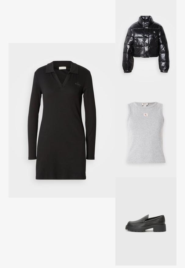 Casaco puffer preto cropped com acabamento brilhante, gola alta, fecho éclair à frente e detalhe de logótipos. Apresenta mangas oversized e secções acolchoadas.; Top cinza sem mangas feito de tecido canelado, apresentando um decote redondo e uma pequena etiqueta com o logótipo CK na frente. Design simples e justo.; Vestido polo preto de mangas longas com decote em V, textura canelada e um detalhe discreto do logo no lado esquerdo do peito. Material suave em mistura de algodão.; Mocassins de couro preto com bico arredondado, sola espessa e texturizada, e detalhes de costura minimalistas. Design elegante sem atacadores ou ferragens visíveis.