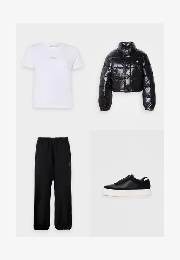 Zkrácená černá péřová bunda s lesklým povrchem, vysokým límcem, předním zipem a logem. Má široké rukávy a prošívané části.; Bílý krátký rukáv tričko vyrobené z bavlny, s malým béžovým logem Calvin Klein na hrudi. Jednoduchý, klasický střih s kulatým výstřihem.; Černé tepláky s elastickým pasem, volnými nohavicemi a malým logem na levé straně. Hladká textilie.; Černé sneakersy s hladkou kůží a semišovými panely, plochými šňůrkami, zaoblenou špičkou a bílou gumovou podrážkou. Výrazné logo na patě.