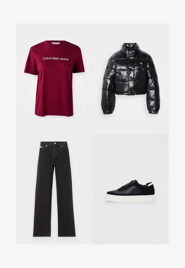 Zkrácená černá péřová bunda s lesklým povrchem, vysokým límcem, předním zipem a logem. Má široké rukávy a prošívané části.; Burgundská bavlněná tričko s krátkým rukávem, s bílým logem "Calvin Klein Jeans" přes prsa a klasickým kruhovým výstřihem.; Černé široké jeansy vyrobené z denimu, s vysokým pasem, pěti kapsami a kovovým zapínáním s kontrastním prošíváním.; Černé sneakersy s hladkou kůží a semišovými panely, plochými šňůrkami, zaoblenou špičkou a bílou gumovou podrážkou. Výrazné logo na patě.