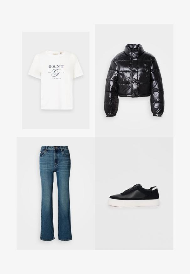 Trumpas juodas pūkinis paltas su blizgiu paviršiumi, aukšta apykakle, priekiniais užtrauktukais ir logotipo detalėmis. Yra plačios rankovės ir siuvinėtos dalys.; Balta medvilninė marškinėliai su trumpomis rankovėmis, su tamsiai mėlynu grafiniu tekstu, kuriame yra "GANT", "EST. 1949" ir "NEW HAVEN".; Aukštai juosmeniu mėlyni džinsai iš denimo, turintys tiesaus kirpimo dizainą, švelnų blukimą ir standartinį mygtuko bei užtrauktuko uždarymą.; Juodi sportbačiai su lygiu oda ir zomšinėmis detalėmis, plokščiomis raišteliais, apvaliu walko ir balta guma iš baze. Išskirtinė logotipas ant kulno.