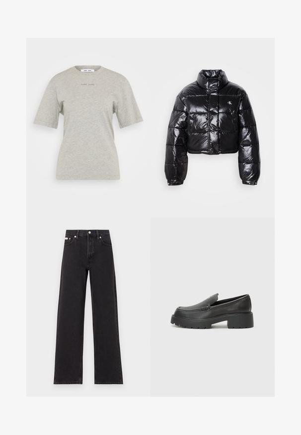Fekete, fényes felületű, vágott pufi dzseki, magas gallérral, elülső cipzárral és logó részlettel. Tágas ujjakkal és steppelt részekkel rendelkezik.; Világosszürke pamut póló rövid ujjakkal és lekerekített nyakkivágással. A lapon bemélyített márkanevet tartalmaz. Simább textúra.; Fekete, bőszárú farmernadrág, magas derekú, öt zsebes kialakítással és fém gombos záródással, kontrasztos varrással.; Fekete bőr loafer cipők kerek orral, vastag, texturált talppal és minimális varrási részletekkel. Áramvonalas dizájn, látható fűzők vagy fém részek nélkül.