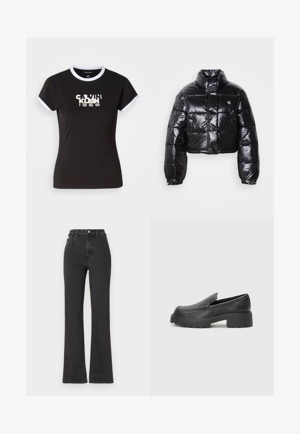 Lühendatud must puffer-jakk läikiva viimistlusega, kõrge krae, eeslukuga ja logodetailiga. Omab üleöö suuruseid varrukaid ja tikitud sektsioone.; Mustmust särg valgete ääristustega, mille keskosas on julge Calvin Klein 1968 graafika. Valmistatud puuvillast, lühikeste varrukatega.; Mustad kõrge vöökohaga laienevad teksapüksid, mis on valmistatud denimist, varustatud nööbiga kinnitamise, vöörihmade ja küljetaskutega. Sile tekstuur minimaalse pleekimisega.; Mustad nahast loafers ümarate varvastega, paksu tekstuuriga tald ja minimaalsete õmbluse detailidega. Viimistletud disain, kus pole nähtavaid paelu ega riistu.