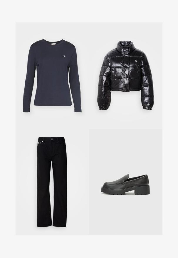 Skraćena crna jakna od puf materijala sa sjajnom završnom obradom, visokim ovratnikom, prednjim patentnim zatvaračem i detaljem s logotipom. Ima ogroman rukav i kviltane dijelove.; Tamno plavi majica dugih rukava od pamuka, s okruglim izrezom i malim logom na lijevoj strani prsnog koša. Glatka tekstura.; Crne traperice ravnog kroja s pet džepova, srebrnim zakovicama i dugmetom na spratu. Tkanina ima glatku, blago teksturiranu površinu.; Crne kožne loaferice s zaobljenim vrhom, debelim teksturiranim potplatom i minimalnim detaljima šivanja. Elegantna izrada bez vidljivih vezica ili metalnih elemenata.
