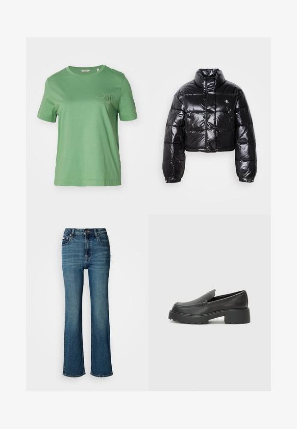 Zkrácená černá péřová bunda s lesklým povrchem, vysokým límcem, předním zipem a logem. Má široké rukávy a prošívané části.; GANT TONAL SHIELD - Jednoduché tričko - seacrest green; Džínsy s vysokým pasem modré barvy vyrobené z denimu, s rovnými nohavicemi, mírným vyblednutím a standardním zapínáním na knoflík a zip.; Černé kožené mokasíny s okrouhlou špičkou, silnou strukturovanou podrážkou a minimálními detaily šití. Elegantní design bez viditelných tkaniček nebo kovových prvků.