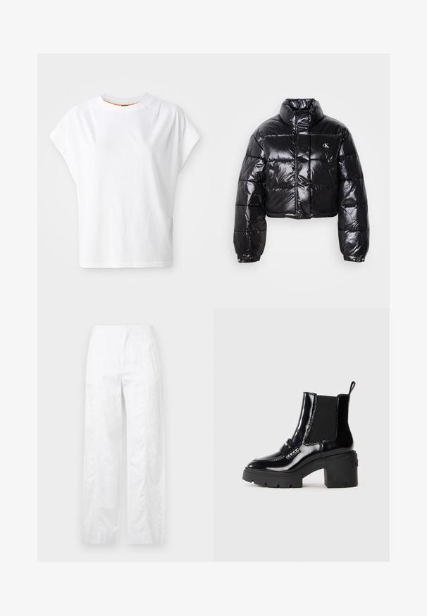 Fekete, fényes felületű, vágott pufi dzseki, magas gallérral, elülső cipzárral és logó részlettel. Tágas ujjakkal és steppelt részekkel rendelkezik.; Fehér, rövid ujjú, laza szabású póló. Kerek nyakkivágással és diszkrét logóval rendelkezik az elején. Pamut anyagból készült.; Fehér, széles szárú nadrág könnyű anyagból, sima textúrával, letisztult vonalakkal és magasderék kialakítással.; Fekete lakk bokacsizma vastag sarkakkal, elasztikus oldalsó panelekkel, díszítő pánttal és kontrasztos varrással. Sima textúra fényes felülettel.