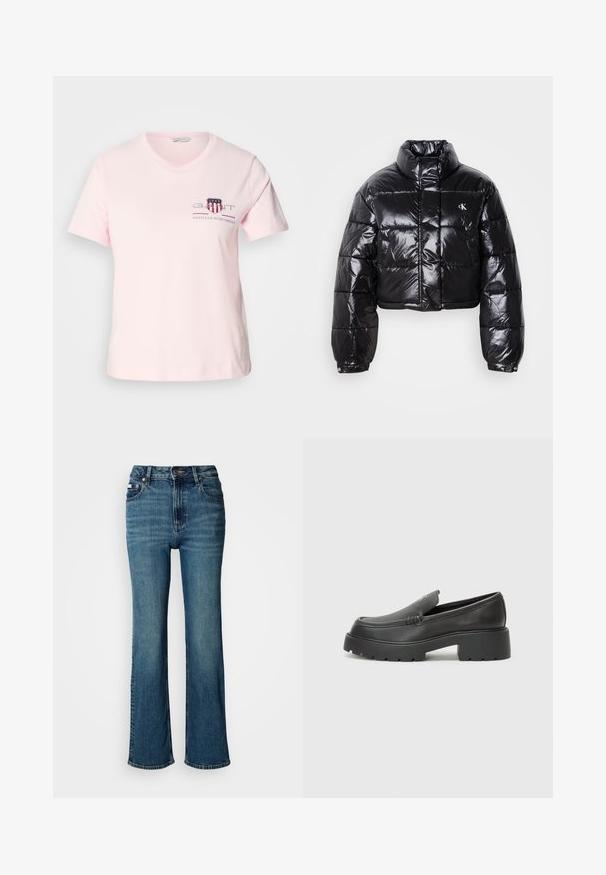 Izgriezta melna pūkainā jaka ar spīdīgu apdari, augstu apkakli, priekšējiem rāvējslēdzējiem un logotipa detaļām. Iezīmējas ar pārspīlētiem piedurknēm un quilted sekcijām.; Gaiši rozā kokvilnas t-kreklis ar īsām piedurknēm, apaļu kakla izgriezumu un izšūtu logotipu ar sarkaniem un zilajiem akcentiem. Ikdienišķs piegriezums.; Augsta vidukļa zilie dūmu džinsi, kas izgatavoti no džinsa auduma, ar taisnu kāju dizainu, vieglu izbalējumu un standarta pogu un rāvējslēdzēja aizdari.; Melnas ādas mokasīni ar noapaļotu purngalu, biezs teksturēts zoles un minimālas dūriena detaļas. Gluds dizains bez redzamām auklām vai metāla elementiem.