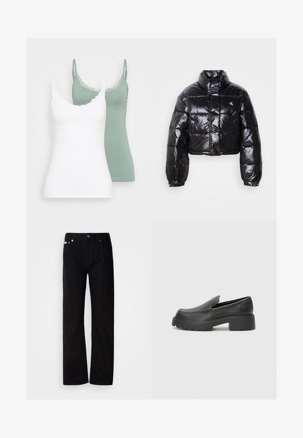 Cropped black puffer jacket with glossy finish, high collar, front zipper, and logo detail. Features oversized sleeves and quilted sections.; Two camisole tops: one white, one sage green. Both feature a lace-trimmed neckline and thin adjustable straps. Soft, smooth fabric.; Black denim straight-leg pants with five pockets, silver rivets, and a button fly. The fabric has a smooth, slightly textured finish.; Black leather loafers with a rounded toe, thick textured sole, and minimal stitching details. Sleek design with no visible laces or hardware.