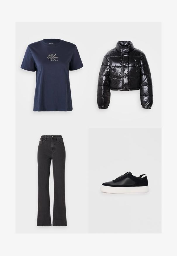 Kuttet svart dunjakke med glatt finish, høy krage, frontlås og logo-detalj. Den har overdimensjonerte ermer og quiltede seksjoner.; Marineblå bomull t-skjorte med korte ermer, med en liten hvit "Calvin Klein" logo på midten foran. Rund hals, avslappet passform.; Svarte høyt midje, utsvingte jeans laget av denim, med knappelukking, beltehemper og sidelommer. Glatt tekstur med minimal falming.; Svart sneakers med glatt skinn og semsket skinnpaneler, flate snørebånd, rund tå og hvit gummisåle. Distinkt logo på hælen.
