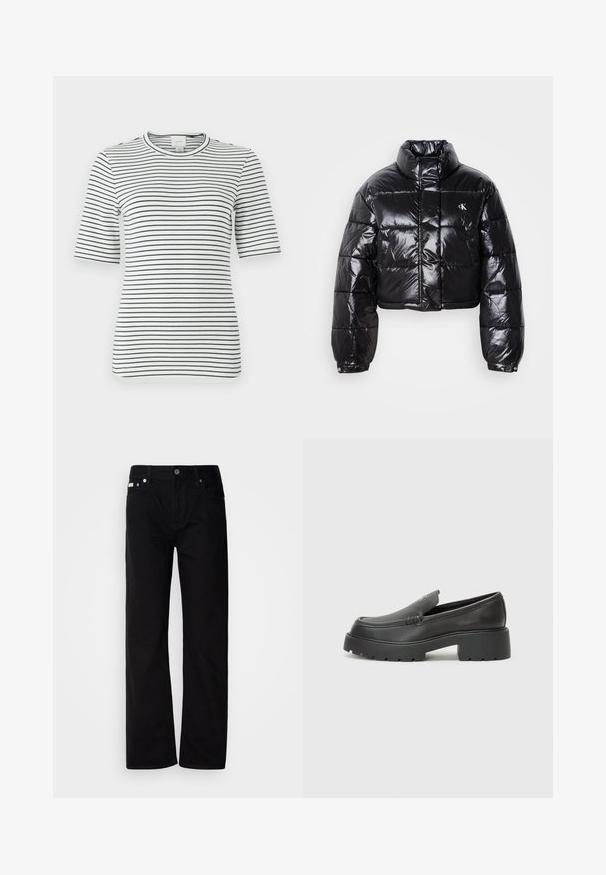 Trumpas juodas pūkinis paltas su blizgiu paviršiumi, aukšta apykakle, priekiniais užtrauktukais ir logotipo detalėmis. Yra plačios rankovės ir siuvinėtos dalys.; Baltos ir tamsiai mėlynos dryžuotos trumpomis rankovėmis marškinėliai. Yra apvalus kaklas ir minkšta, elastinga medžiaga, su horizontaliomis juostelėmis visame paviršiuje.; Juodi džinsai tiesaus kirpimo su penkiomis kišenėmis, sidabriniais kabliukais ir mygtukų užtrauktuku. Medžiaga turi lygią, šiek tiek tekstūruotą apdailą.; Juodi odiniai loaferiai su apvaliu pirštu, storu tekstūruotu padu ir minimaliu siūlių dekoru. Išskirtinis dizainas be matomų raištelių ar furnitūros.