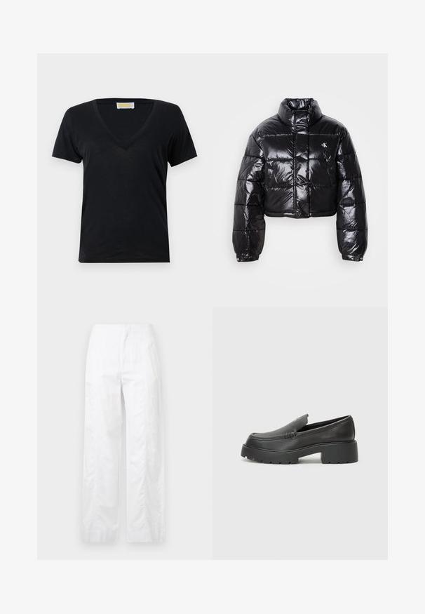 Skrajšana črna pufasta jakna z sijajno površino, visokim ovratnikom, sprednjim zadrgo in detajlom logotipa. Ima prevelike rokave in kviltane dele.; Črna majica s kratkimi rokavi in V-izrezom, izdelana iz mehkega in lahkega materiala. Enostavna zasnova brez vzorcev ali okrasnih elementov.; Bela široka hlače iz lahkega materiala, ki se ponašajo z gladko teksturo, čistimi linijami in visokim pasom.; Črne usnjene loafers čevlje z zaobljenim nosom, debelim teksturiranim podplatom in minimalnimi šivi. Elegantna zasnova brez vidnih vezalk ali kovinskih delov.