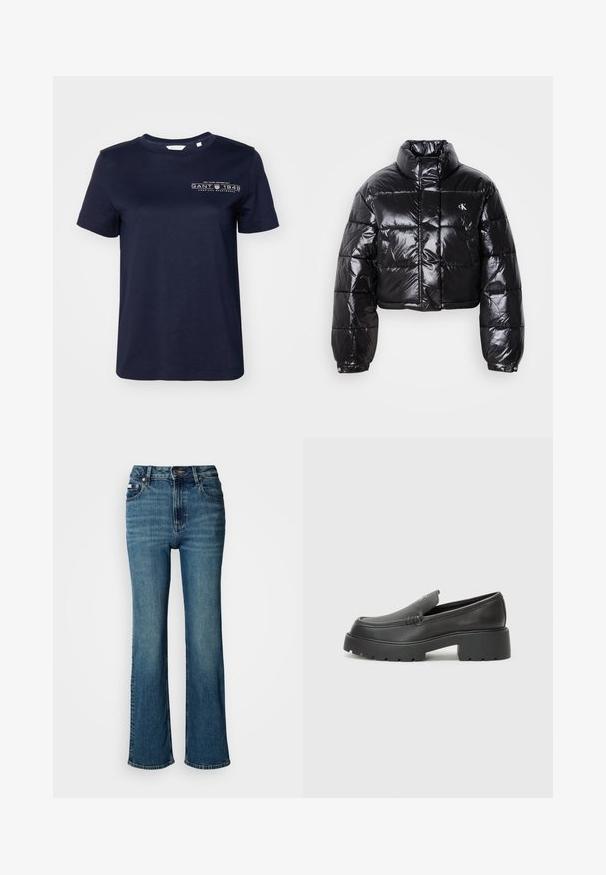 Geknipt zwart pufferjack met glanzende afwerking, hoge kraag, ritssluiting aan de voorkant en logodetail. Beschikt over oversized mouwen en gestikte delen.; Navyblauwe katoenen T-shirt met korte mouwen, ronde hals en een bedrukt logo met "GANT 1949" op de linkerborst. Smooth textuur.; Hogwaardige blauwe jeans van denim, met een rechtzittend ontwerp, subtiele vervaging en een standaard knoop- en ritssluiting.; Zwarte leren instappers met een ronde neus, dikke getextureerde zool en minimale stikseldetails. Strak ontwerp zonder zichtbare veters of hardware.