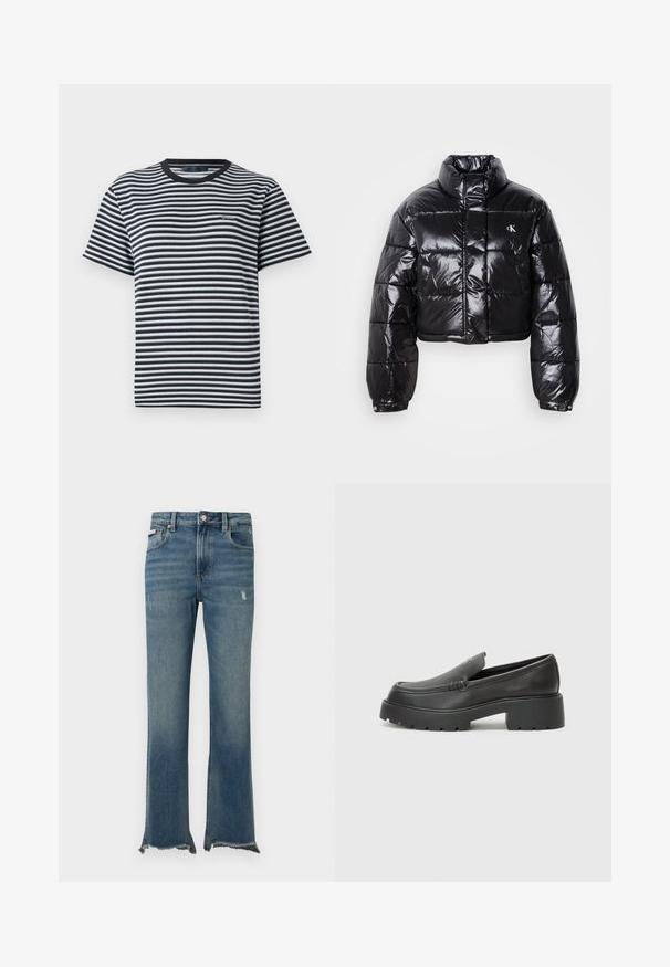 Casaco puffer preto cropped com acabamento brilhante, gola alta, fecho éclair à frente e detalhe de logótipos. Apresenta mangas oversized e secções acolchoadas.; T-shirt às riscas com riscas horizontais em preto e branco, decote redondo e mangas curtas. Feita de tecido leve e macio.; Calças de ganga azuis com ligeiros desgastes, bainhas cruas desfiadas, bolsos frontais, passadores para cinto e fecho com botão.; Mocassins de couro preto com bico arredondado, sola espessa e texturizada, e detalhes de costura minimalistas. Design elegante sem atacadores ou ferragens visíveis.