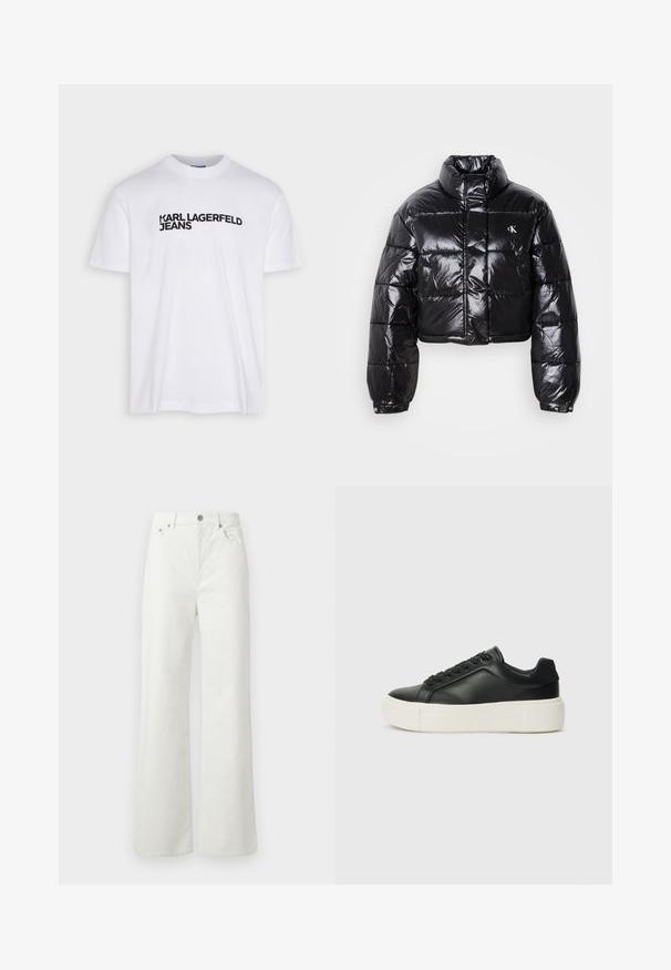 Izgriezta melna pūkainā jaka ar spīdīgu apdari, augstu apkakli, priekšējiem rāvējslēdzējiem un logotipa detaļām. Iezīmējas ar pārspīlētiem piedurknēm un quilted sekcijām.; Balts kokvilnas T-krekls ar apaļu izgriezumu, ar melnu drukātu logo tekstu "KARL LAGERFELD JEANS" uz krūtīm.; Samsøe Samsøe SHELLY - Brīva piegriezuma džinsi - clear cream; Melnas ādas kedas ar noapaļotu pirkstu, baltu platformas zoli un melnām auklām. Iespējams, satur diskrētu logo uz papēža un gludu tekstūru.