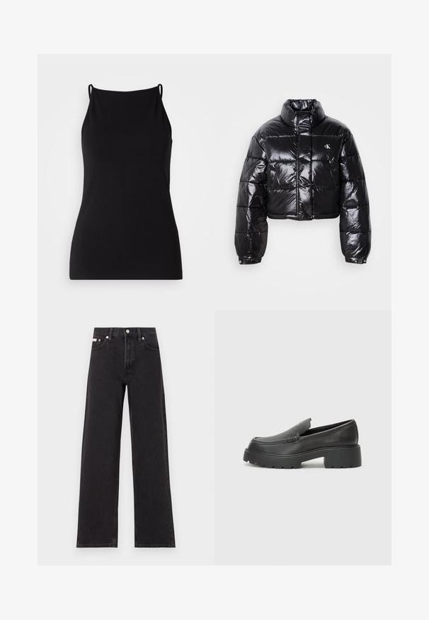Kort sort vinterjakke med blank finish, høj krave, lynlås foran og logo detalje. Har oversized ærmer og quiltede sektioner.; Sort camisole med tynde stropper, lavet af blødt stof. Har en rund halsudskæring og en tætsiddende silhuet uden mønstre eller udsmykninger.; Sorte vidde jeans lavet af denim, med høj talje, fem-lomme stil og en metalknap lukning med kontrasterende syninger.; Sorte læder loafers med rund tå, tyk tekstureret sål og minimale syninger. Elegant design uden synlige snørebånd eller hardware.