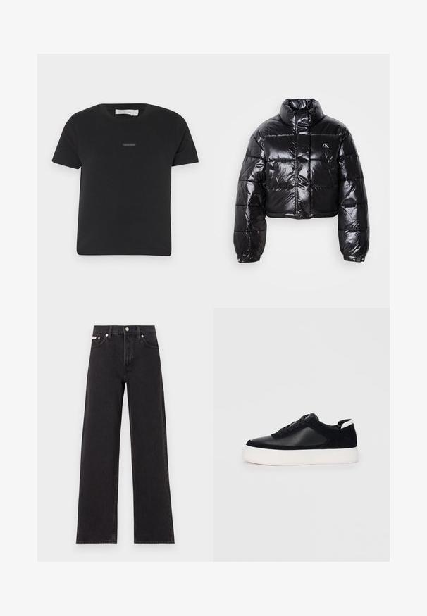 Geknipt zwart pufferjack met glanzende afwerking, hoge kraag, ritssluiting aan de voorkant en logodetail. Beschikt over oversized mouwen en gestikte delen.; Zwarte katoen t-shirt met korte mouwen, ronde halslijn en een klein Calvin Klein logo in het midden. Gladde textuur, klassieke pasvorm.; Zwarte wijde spijkerbroeken van denim, met een hoge taille, vijf-pocket stijl en een metalen knoopsluiting met contrasterende stiksels.; Zwarte sneaker met glad leer en suede panelen, platte veters, ronde neus en een witte rubberen zool. Duidelijk logo op de hiel.