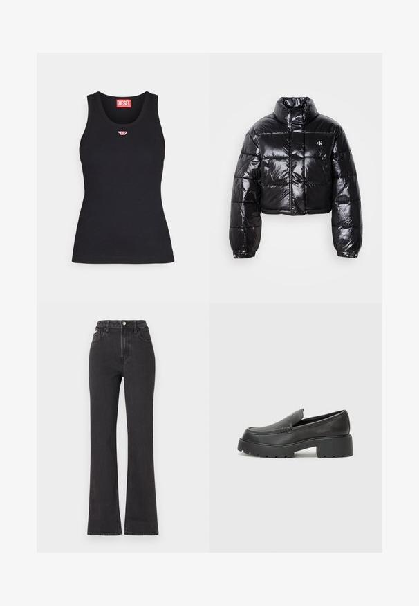 Kuttet svart dunjakke med glatt finish, høy krage, frontlås og logo-detalj. Den har overdimensjonerte ermer og quiltede seksjoner.; Svart tank topp laget av bomull med rund hals, med en liten rød logo på brystet og en tettsittende design.; Svarte høyt midje, utsvingte jeans laget av denim, med knappelukking, beltehemper og sidelommer. Glatt tekstur med minimal falming.; Sorte skinnloafers med rund tå, tykk teksturert såle og minimale sømdetaljer. Strømlinjeformet design uten synlige snørebånd eller hardvarer.