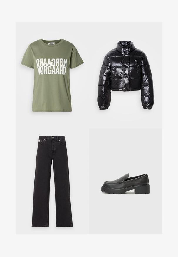 Jachetă puffer neagră scurtă cu finisaj lucios, guler înalt, fermoar frontal și detaliu cu logo. Are mâneci supradimensionate și secțiuni quilted.; Tricou din bumbac de culoare verde măslin, cu mâneci scurte, având un imprimeu mare cu text alb întors "NØRGAARD" în centru. Decolteu rotund.; Jeanși negri cu picioare largi, fabricați din denim, cu talie înaltă, stil cu cinci buzunare și închidere cu nasture metalic, cu cusături contrastante.; Mocasini din piele neagră, cu vârf rotunjit, talpă groasă texturată și detalii minimale de cusătură. Design elegant, fără șireturi sau accesorii vizibile.