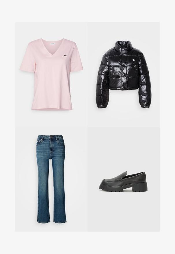 Skrajšana črna pufasta jakna z sijajno površino, visokim ovratnikom, sprednjim zadrgo in detajlom logotipa. Ima prevelike rokave in kviltane dele.; Svetlo roza bombažna majica s kratkimi rokavi in obliko V, ki se ponaša z majhnim zelenim vezenim logotipom krokodila na levem prsnem delu.; Visoko pasne modre jeans hlače iz denima, s straight leg dizajnom, rahlim bledenjem in standardnim gumbom ter zadrgo.; Črne usnjene loafers čevlje z zaobljenim nosom, debelim teksturiranim podplatom in minimalnimi šivi. Elegantna zasnova brez vidnih vezalk ali kovinskih delov.