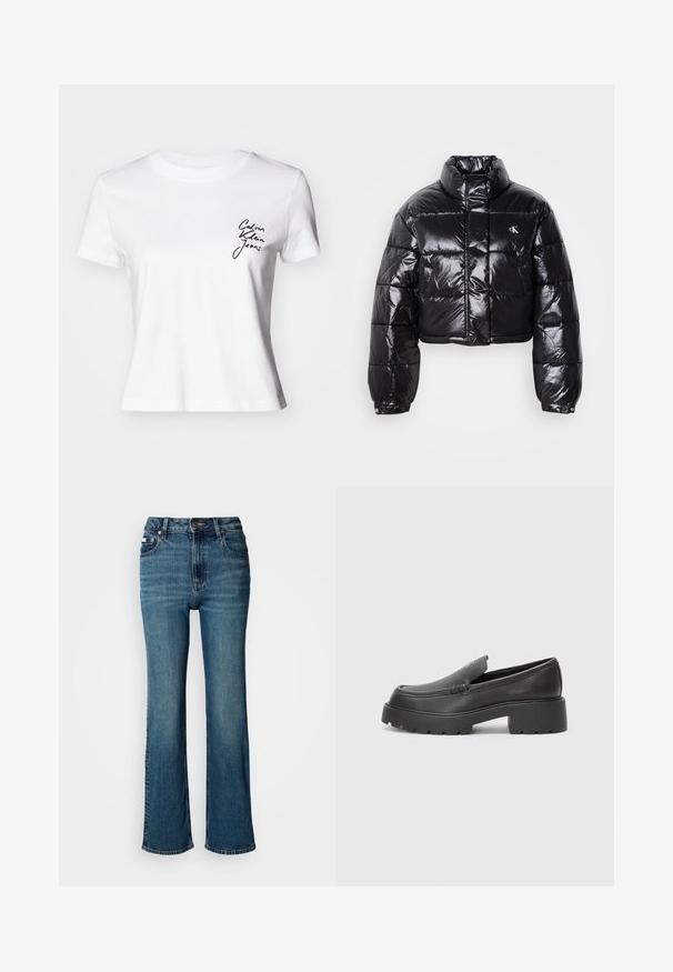 Fekete, fényes felületű, vágott pufi dzseki, magas gallérral, elülső cipzárral és logó részlettel. Tágas ujjakkal és steppelt részekkel rendelkezik.; Fehér pamut póló rövid ujjakkal, kerek nyakkivágással és fekete, írott logóval a bal mellrészen. Egyenes alj.; Magas derekú kék farmernadrág, egyenes szárú dizájnnal, enyhe kopással és normál gombos-zipzáros záródással.; Fekete bőr loafer cipők kerek orral, vastag, texturált talppal és minimális varrási részletekkel. Áramvonalas dizájn, látható fűzők vagy fém részek nélkül.