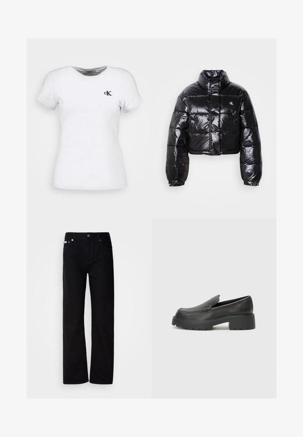 Gekürzte schwarze Steppjacke mit glänzender Oberfläche, hohem Kragen, Frontreißverschluss und Logodetail. Verfügt über übergroße Ärmel und gesteppte Abschnitte.; Weißes Baumwoll-T-Shirt mit kurzen Ärmeln, Rundhalsausschnitt und kleinem schwarzen "ck"-Logo auf der linken Brust. Glatte Textur, klassische Passform.; Schwarze Denim-Hosen mit geradem Bein, fünf Taschen, silbernen Nieten und einem Knopfverschluss. Der Stoff hat eine glatte, leicht strukturierte Oberfläche.; Schwarze Lederloafer mit einer abgerundeten Spitze, dicker strukturierten Laufsohle und minimalen Nähten. Schlankes Design ohne sichtbare Schnürsenkel oder Beschläge.